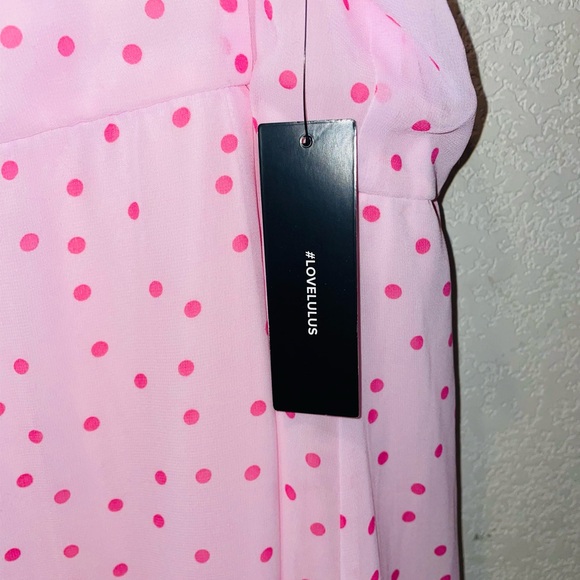 Lulus Nellie Pink Polka Dot Ruffled Midi Dress- NWT - Picture 6 of 6